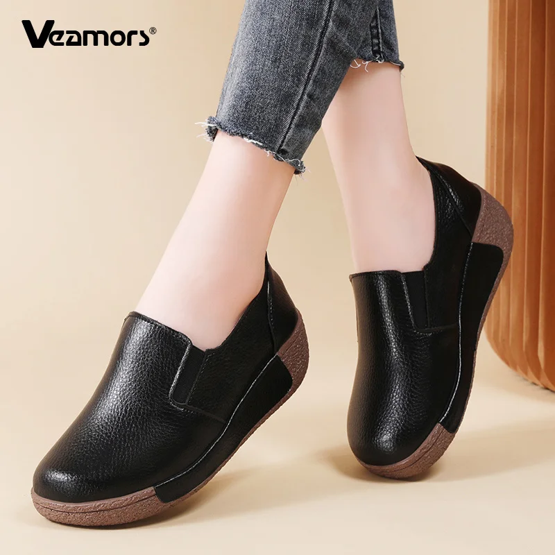 Women Genuine Leather Slip on Shoes Waterproof Wedges Ladies Thick Sole Comfort Walking Shoes Mom Shoes Casual Loafers