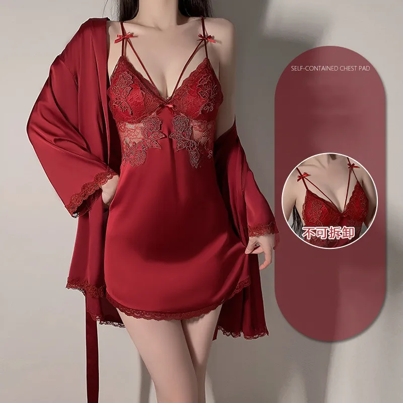 

Summer Bathrobe Gown Suit Women 2PCS Sleepwear Female Kimono Embroidery Applique Nightgown Loungewear Twinset Robe Set