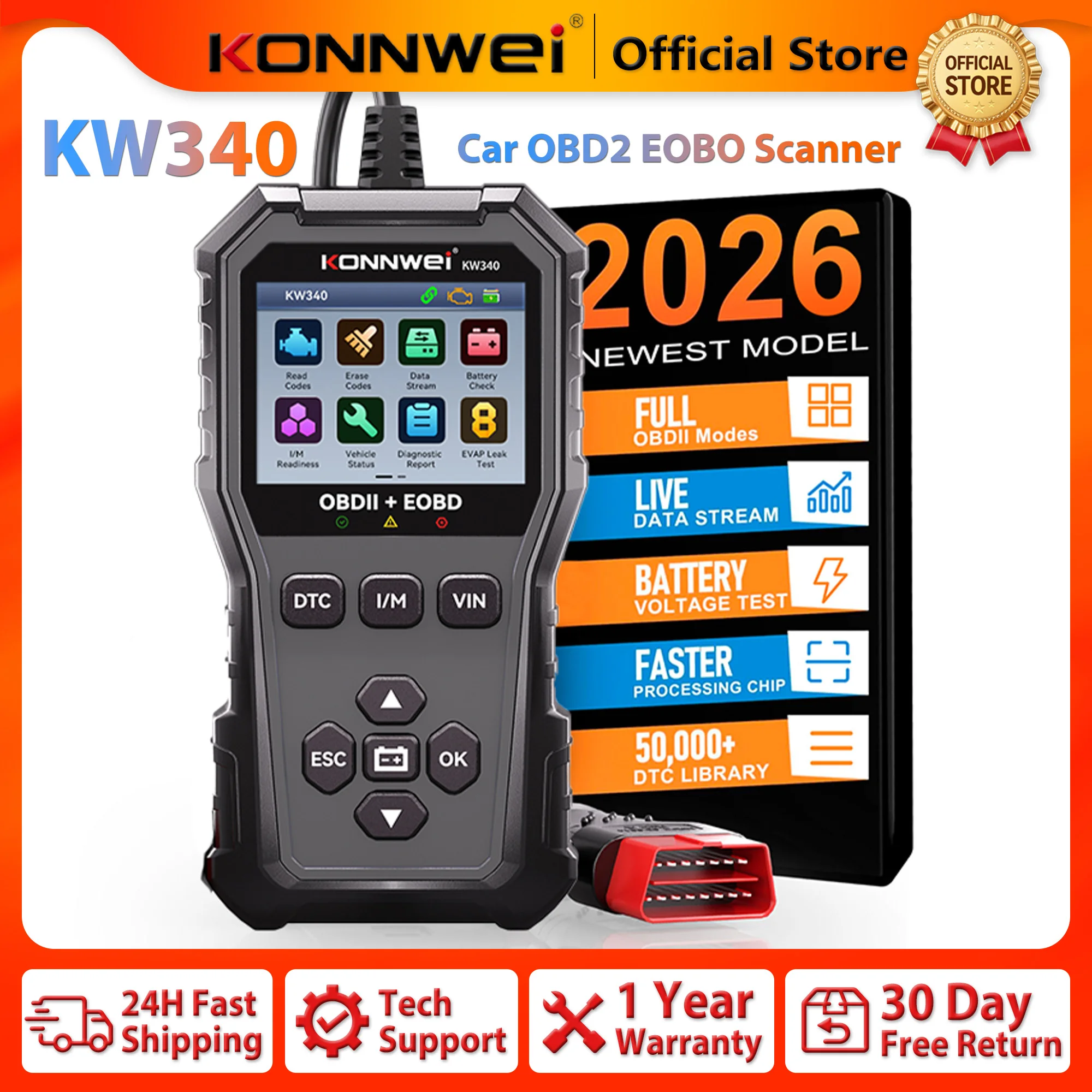 2026 New KONNWEI KW340 Car OBD2 Scanner Diagnostic Tool Battery Check I/M VIN DTC Clear Read Fault Code Real-Time Data Function