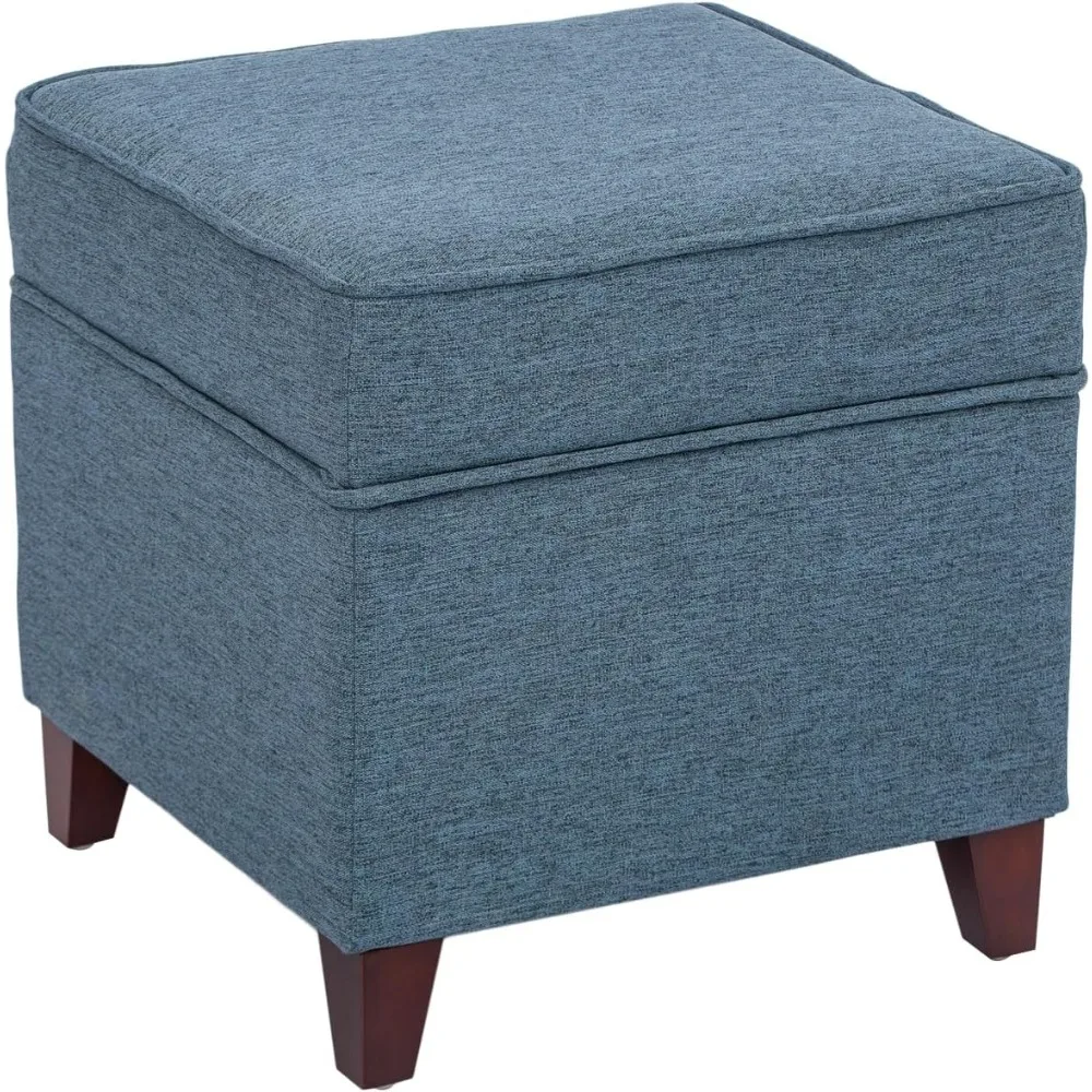 

Square footstool with storage space, small storage footstool with hinged lid, blue linen upholstered footstool