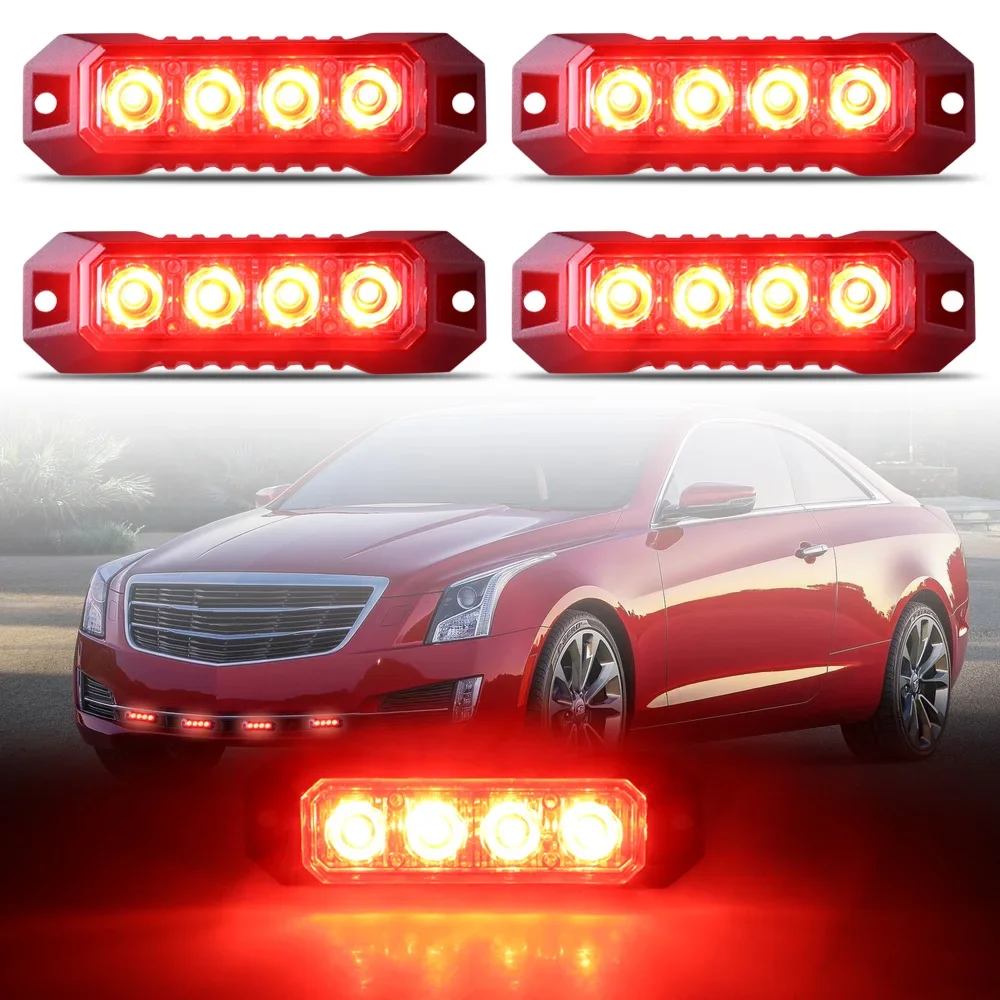 

4PCS 4-LED Strobe light flashing Car light Amber Mini grille light Emergency Strobe light Kit Installation 12V-24V for Car Truck