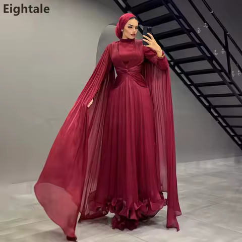 Eightale 2025 Burgundy A Line Arabic Long Sleeve Maxi Evening Dress Wedding Party Formal Prom Dress Dubai Party Gown Customized