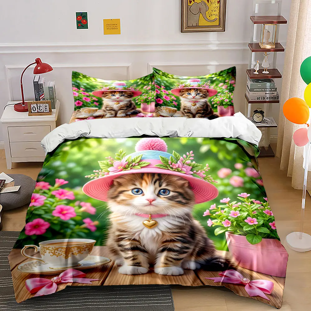 

Cute kitten with pink hat Bedding Set for Kids Luxury Gift 3pcs Digital Print Comforter Set Soft Comfortable Breathable