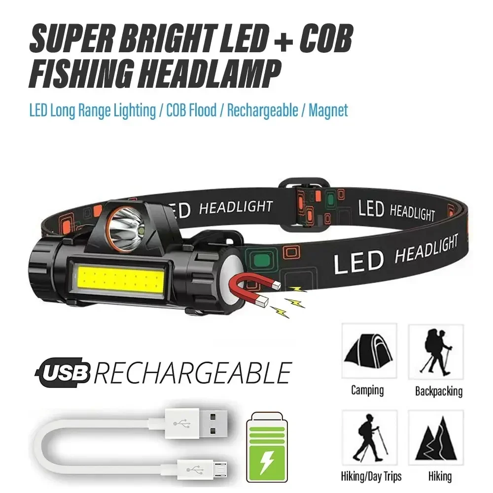 Rechargeable Fishing LED Headlamp Camping Headlight XPE COB Work Light 2 Lighting Modes With Tail Magnet Detachable