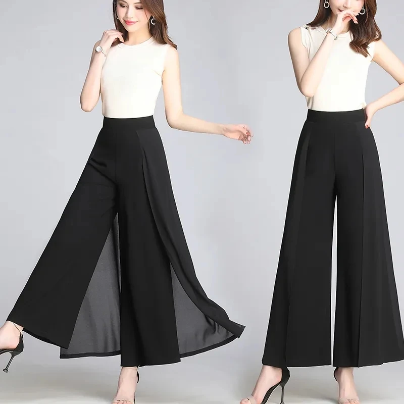 Women Chiffon Wide Leg Pants Spring Summer Thin Culottes High Waist Loose All-match Solid Lady Trousers Elegant Fashion Palazzo