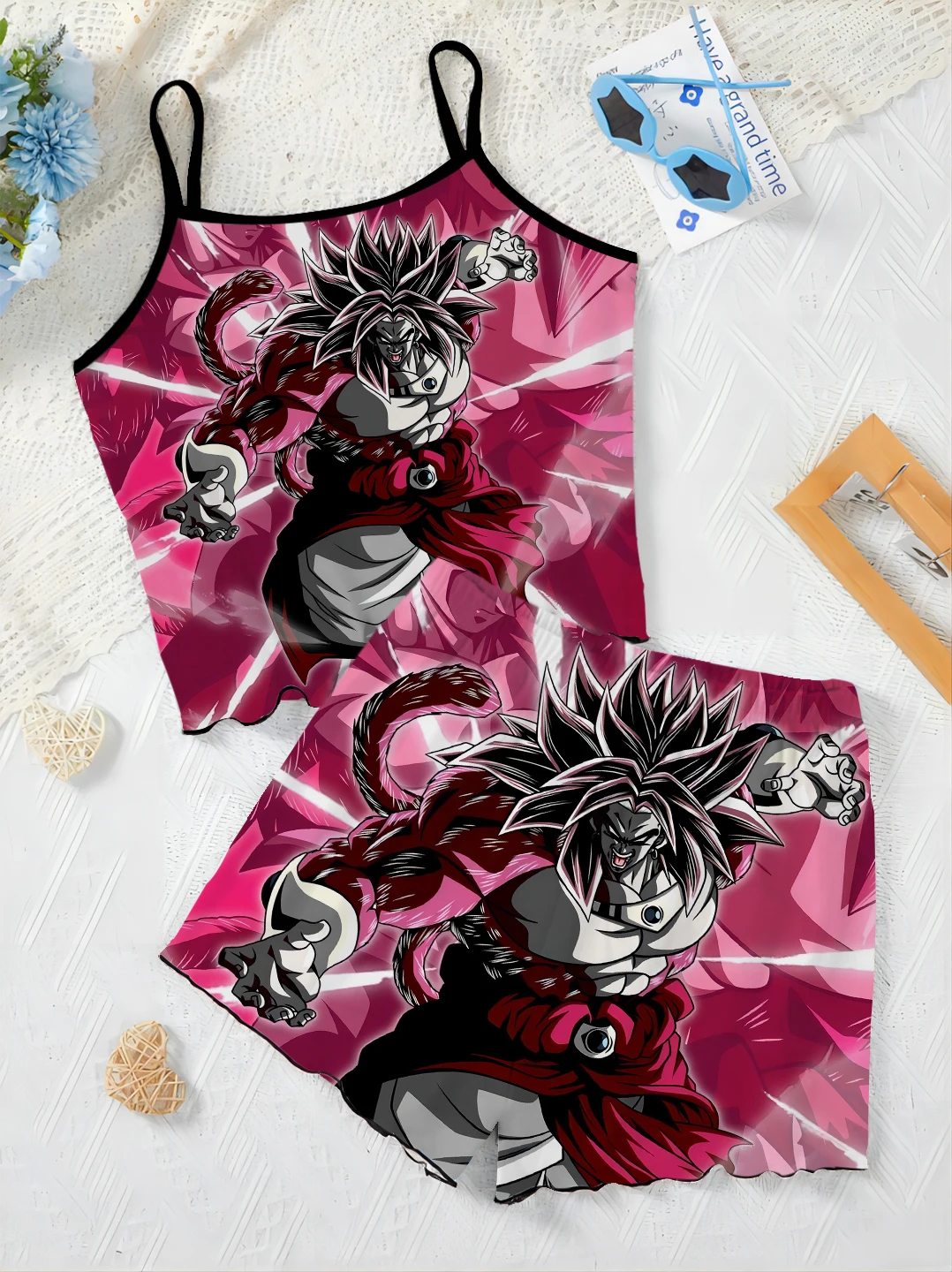 Top Elegant Women's Sets Dragon Ball Pajama Skirt Son Goku Lettuce Trim Home Dress T-shirt Pieces Short Suit Clothing Trend 2024