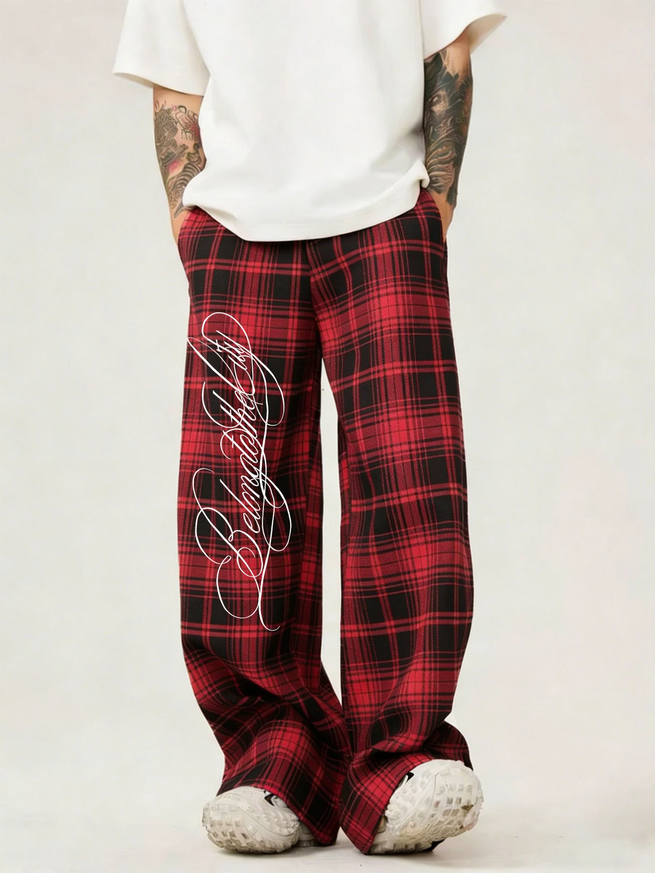 2026 New Style Black White Plaid Pants Letter Print Elastic Waist Loose Straight Trousers Hip Hop Streetwear Casual Bottoms kids