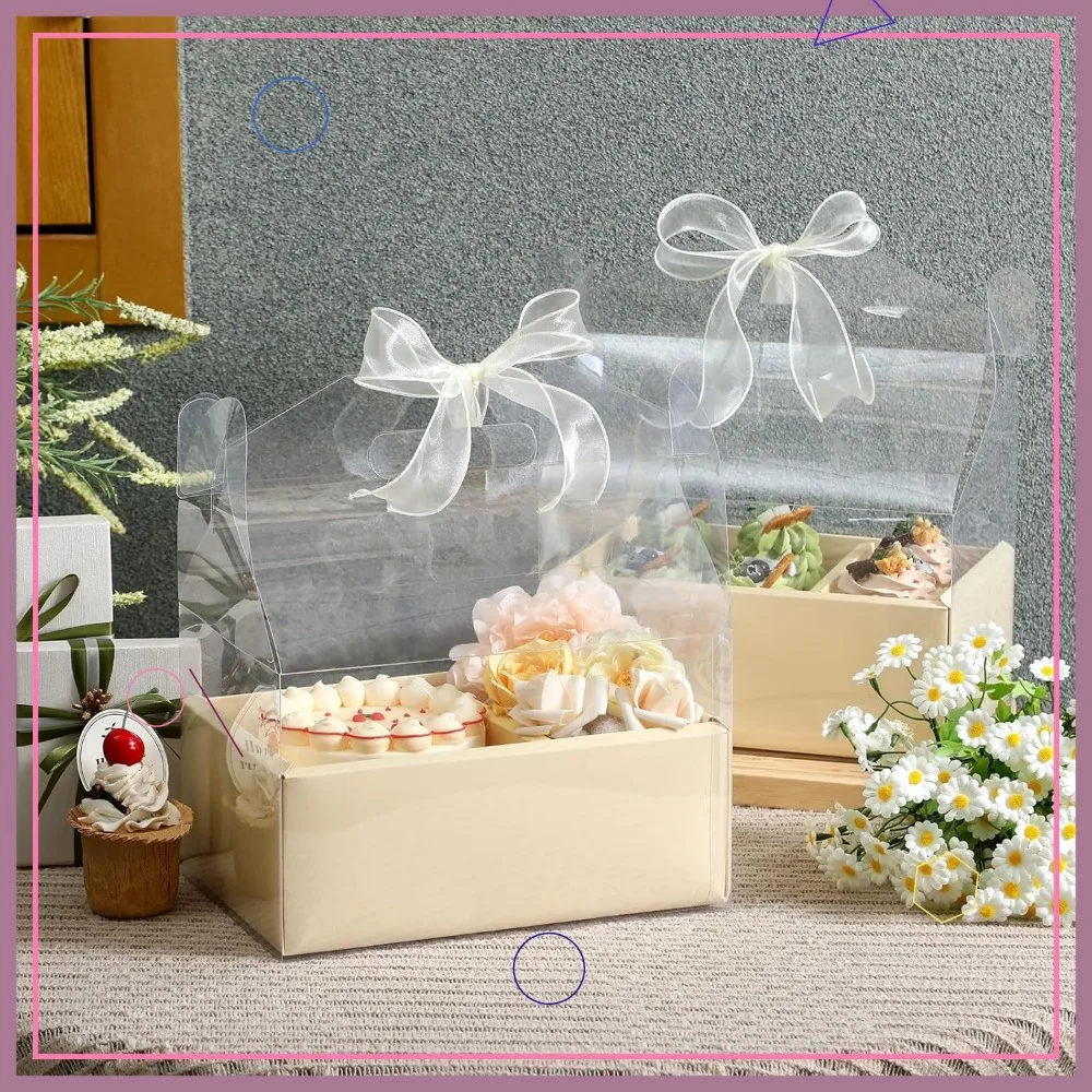10 Pack 4 Inch Clear Cake and Flower Gift Boxes with Ribbon, Ideal for Weddings Parties Holidays