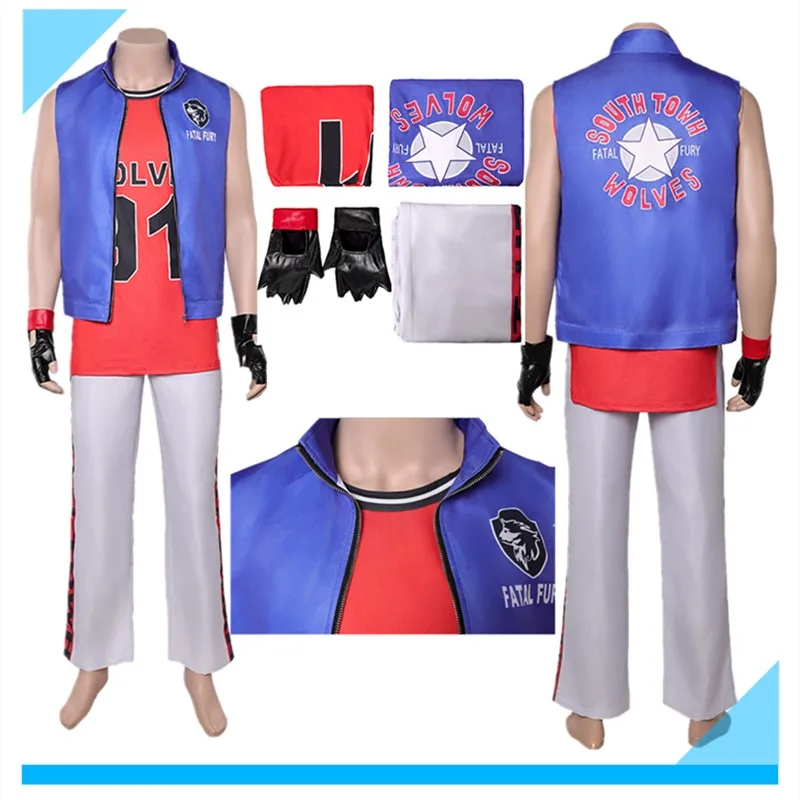 

Fighter Fantasy Terry Bogard Cosplay Costume Adult Men T-shirt Vest Pants Gloves Outfits Halloween Disguise Carnival Party Suit