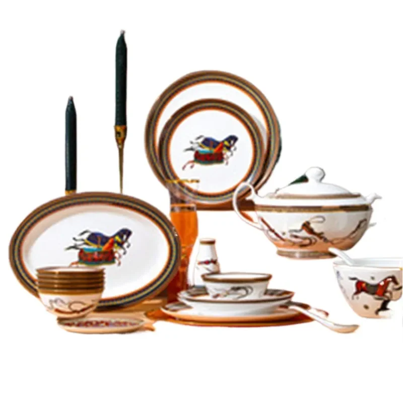 Nordic Light Luxury Bowl Set High Grade Bone China Tableware 60 Pieces Hand Painted Gold Edge Glaze Horse Rope Design for