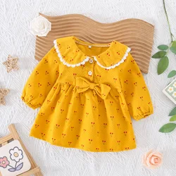 Newborn Baby Girl Dress Cute Cherry Printed Baby Dress Bow Long Sleeved Cotton Dress for Girl