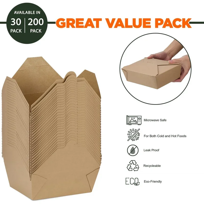 200 76 oz Disposable Take Out Microwaveable Kraft Paper To Go Boxes Food To Go Containers Takeout Containers Leakproof