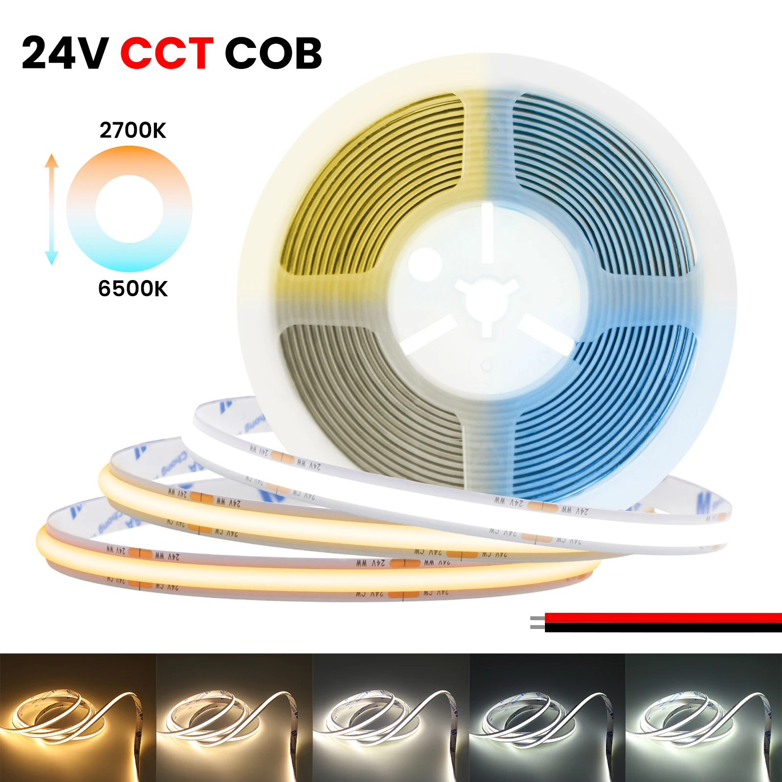 DC24V COB LED Strip Light CCT White/Warm White COB LED Tape 480Leds/m 8MM Flexible Ribbon Rope LED Lights for Room Decor
