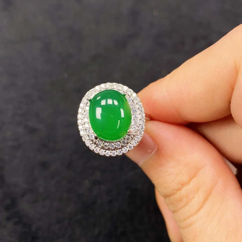 Natural jade ring women, luxuriously inlaid, comparable jadeite, imperial green agate cabochon jewelry