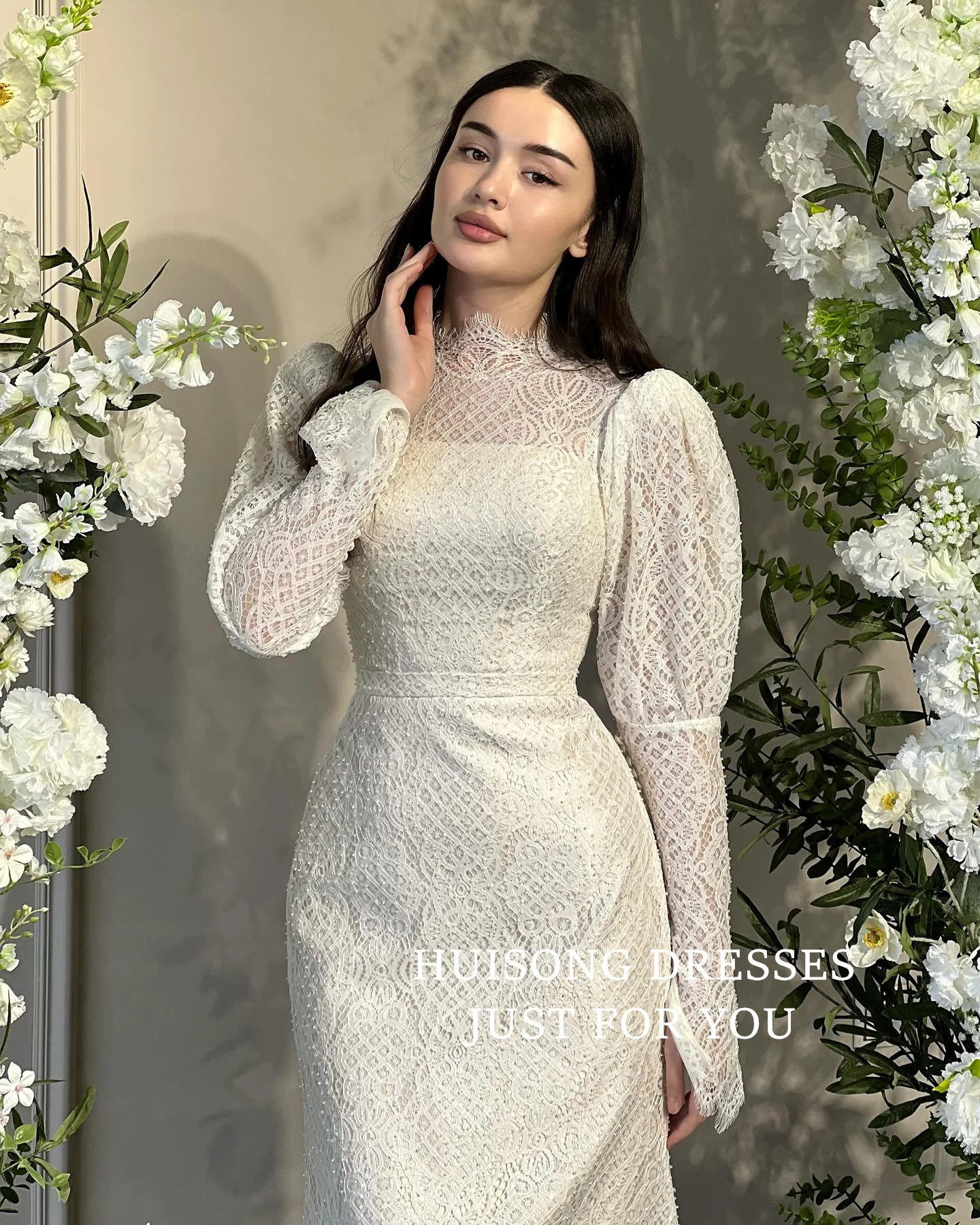 HUISONG-vestidos de novia de sirena musulmana personalizados, Apliques de encaje, cuello alto, manga larga, vestido de novia de playa, bata de novia