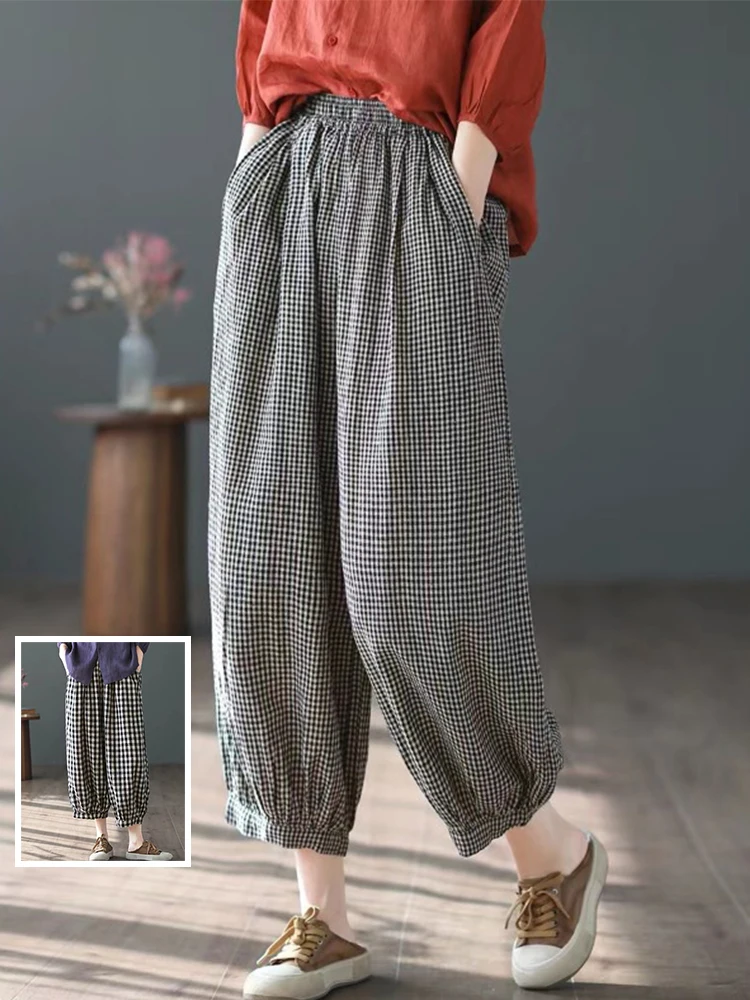

Женские винтажные клетчатые хлопковые льняные брюки-харлан больших размеров, летние утягивающие повседневные брюки-фонарики с эластичной резинкой на талии