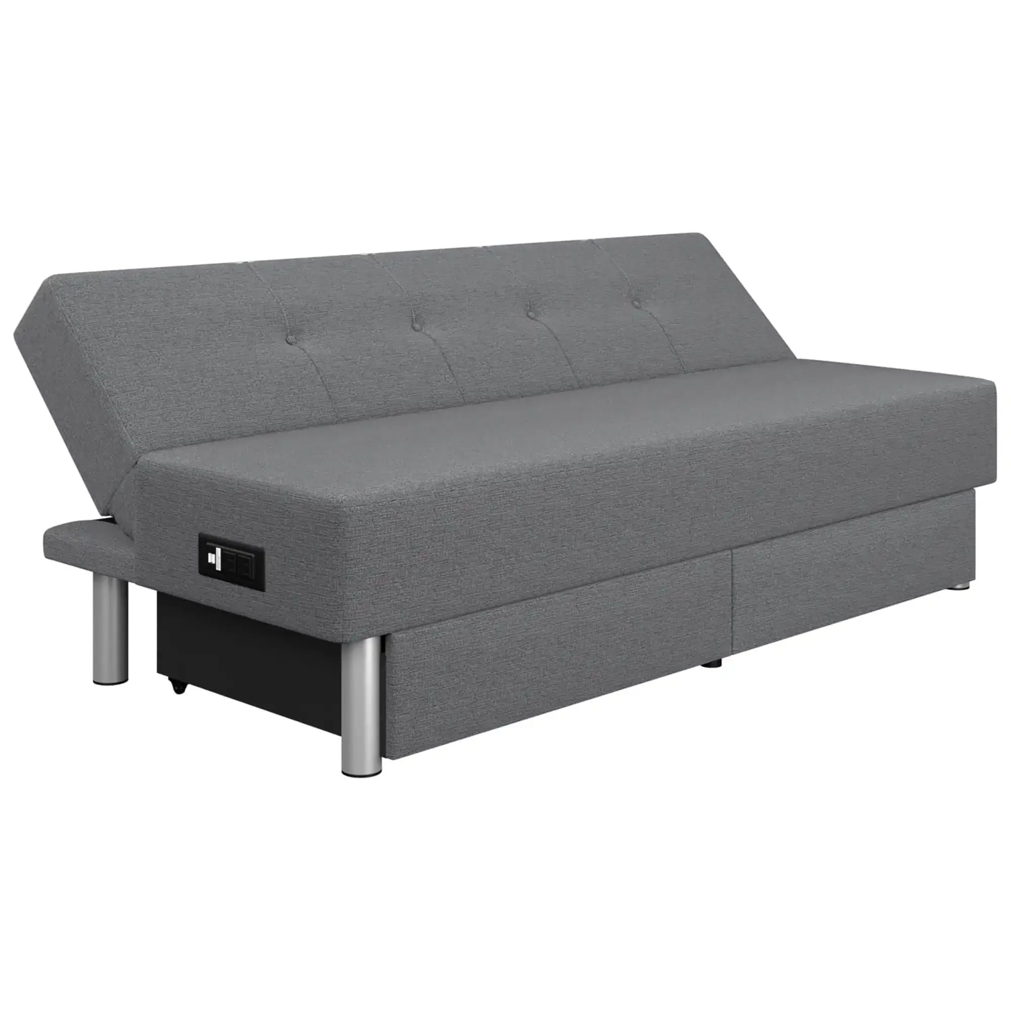 Futon with Storage and Power Gray Fabric Two Power Outlets Two USB Ports Two Under-couch Storage Drawers  upholstery