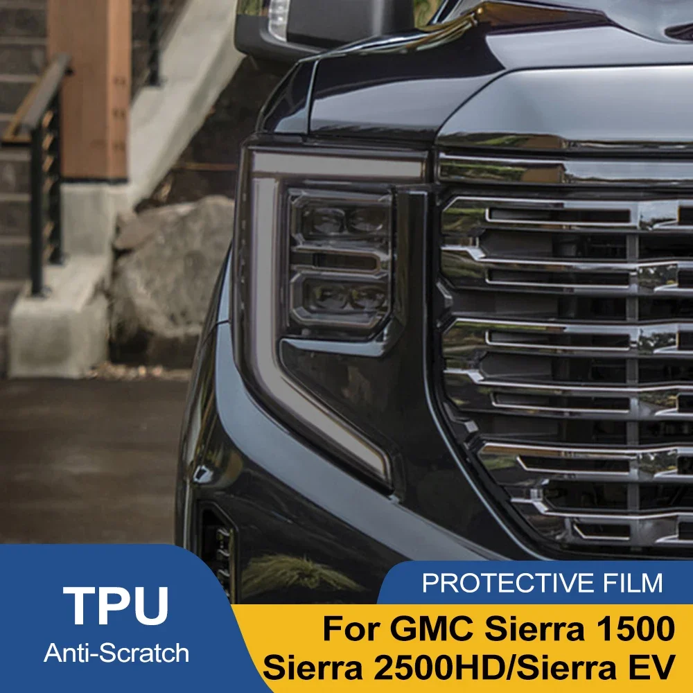 For GMC Sierra 1500 2500HD EV High-Gloss Smoke Black Headlight Protective Film TPU PPF Pre Cut Anti-Scratch Vinyl Wrap Kit