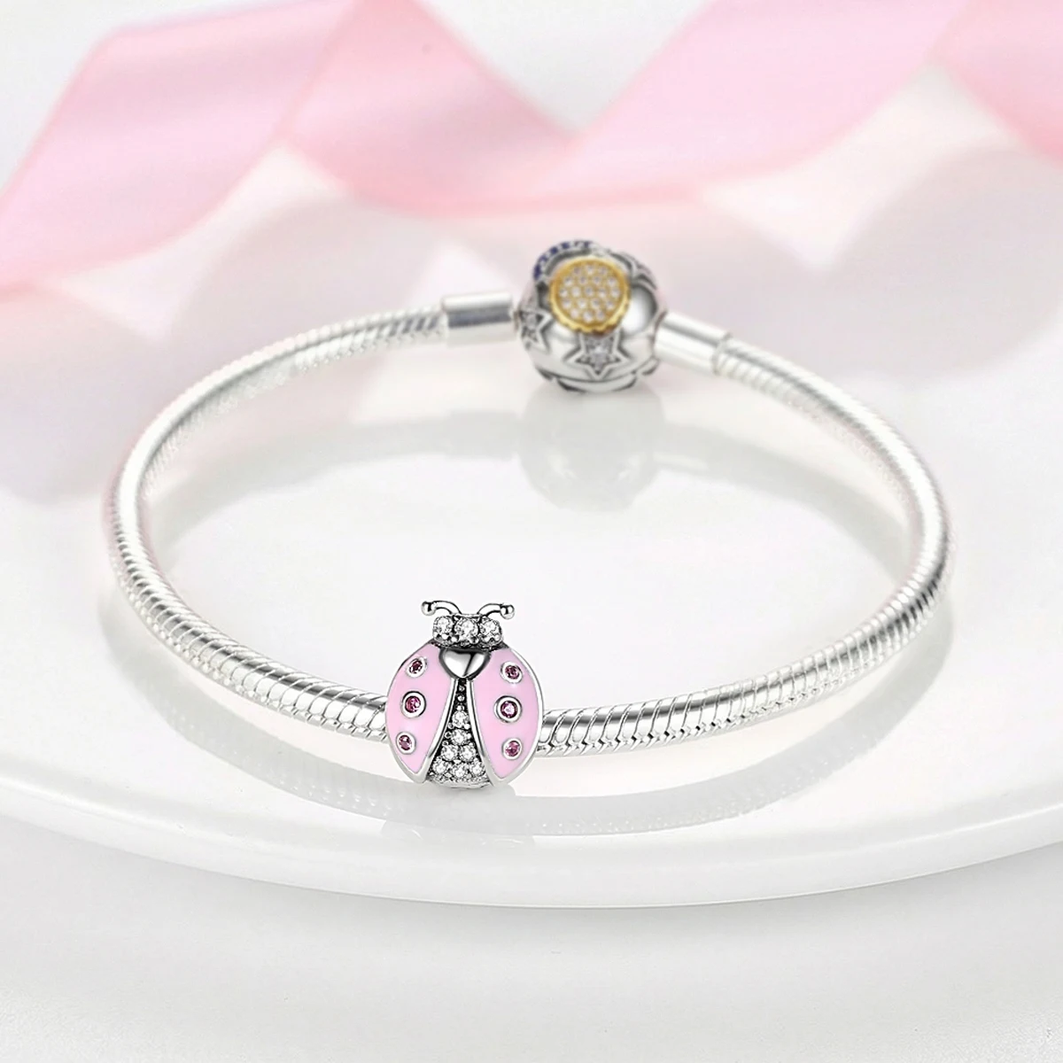 925 Sterling Silver Pink Ladybug Spacer Bead Charm Pendant Purple CZ Enamel Jewelry Fit Bracelets Necklaces Women DIY Jewelry