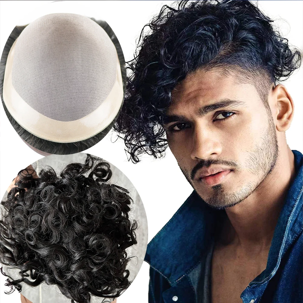 

Mens Curly Hair Unit 100% Human Hair 20mm Curly Mens Hair System for Men Fine Mono with 1" PU Coated Perimeter Toupee