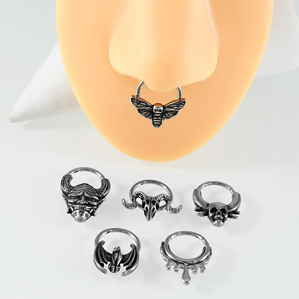 1 peça elegante prata antiga de aço inoxidável cabeça fantasma e brincos de cabeça de touro, anel de nariz de encaixe de piercing de morcego