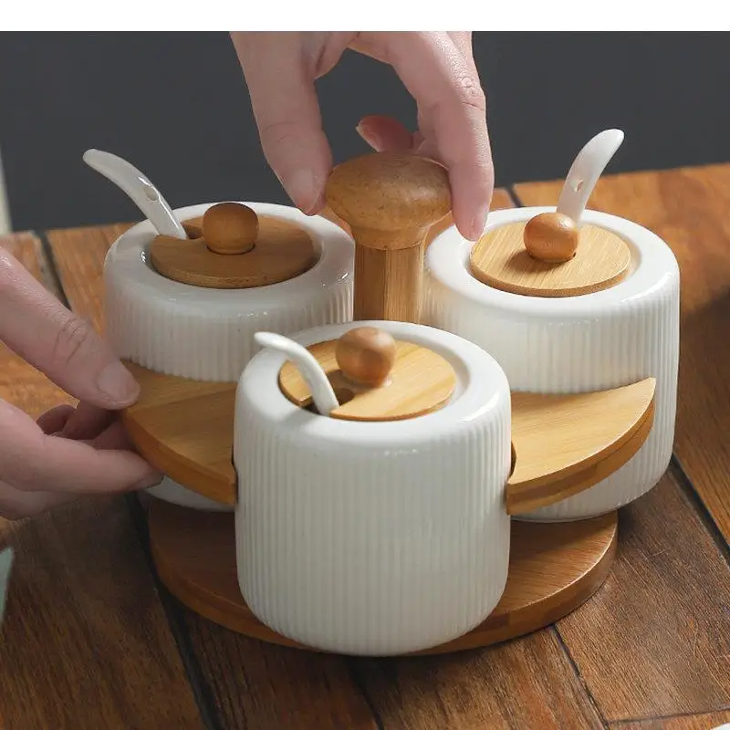 

Ceramic Seasoning Jar Spice Jars Wooden Stand Salt and Pepper Shakers 3 Piece Set Home Kitchen Box Accessories