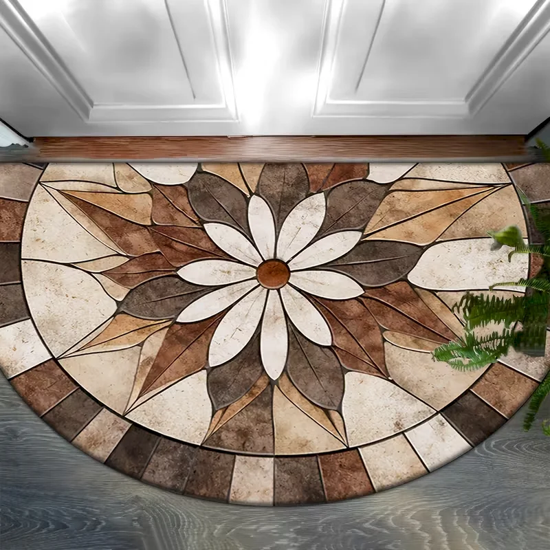 VIKAMA Bohemian Half Round Door Mat Vintage Mosaic Sun Geometry Anti slip Stone Brick Printed Carpet Home Decoration