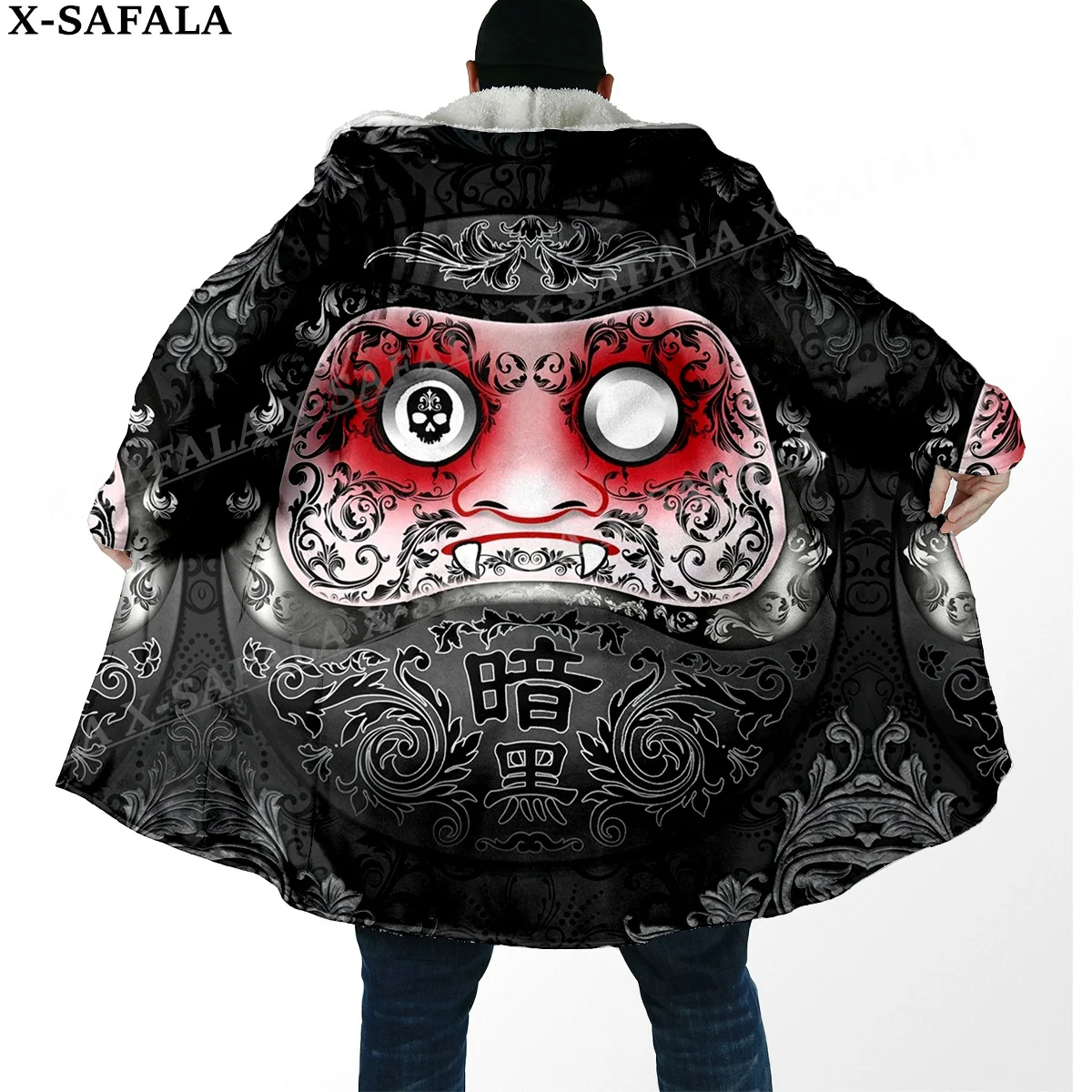 Daruma Japanese Anime Manga Print Thick Warm Hooded Cloak Men Overcoat Coat Windproof Fleece Cape Robe Hooded Blanket-4