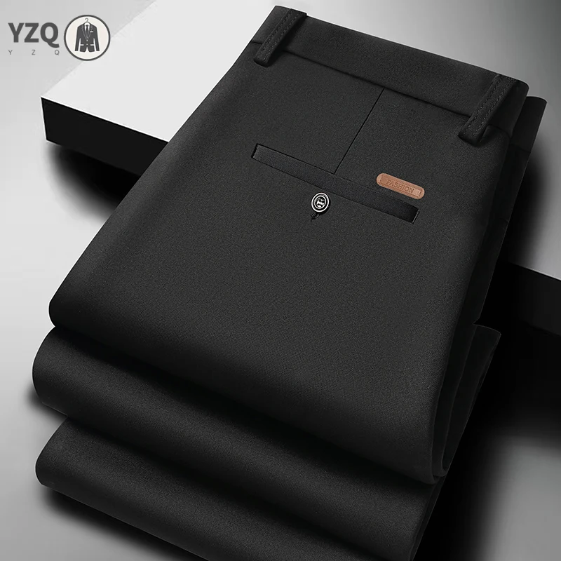 Soft Smooth Male Formal Long Pants Anti Crease Stretch Fabric Leather Tag Belt Loop Office Banquet All Match Daily Bottoms
