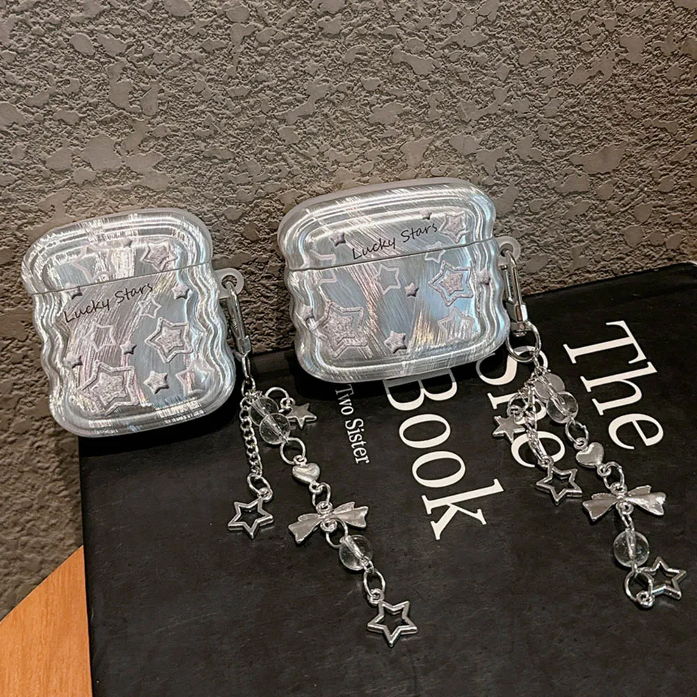 Funda con gradiente de plumas y estrellas brillantes para Apple Airpods Pro 2nd 1 2 3, funda a prueba de golpes con llavero colgante de estrella