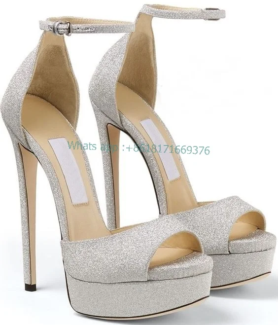 2023 Design Peep Toe Satin Platform Luxury Sandals Women Blingbling Ankle Buckle Thin High Heel Sandals Lady Dress Party Shoes