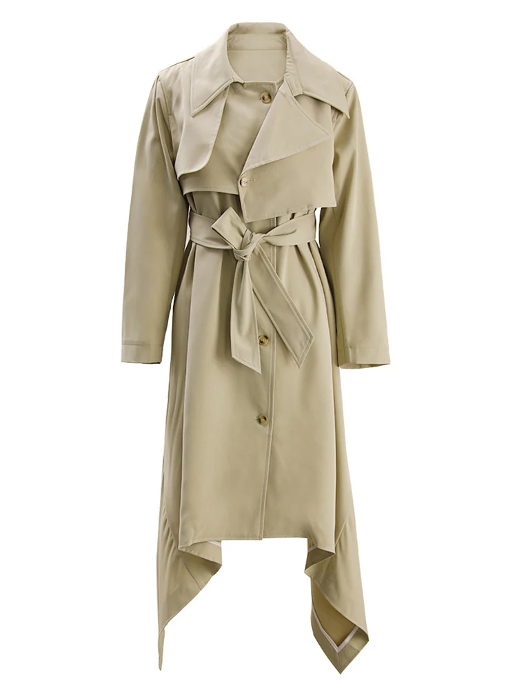 Casual Designer Trench For Women Lapel High Wiast Spliced Belt Asymmetrical Hem Coat Female Luxury Brand Quality