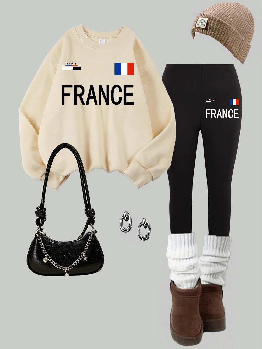 2 Piece Womens Paris France Letter Prints Sweatshirts Leggings Set Winter Warm Fleece Hoodie Pants Basic Womans Jogging Clothes