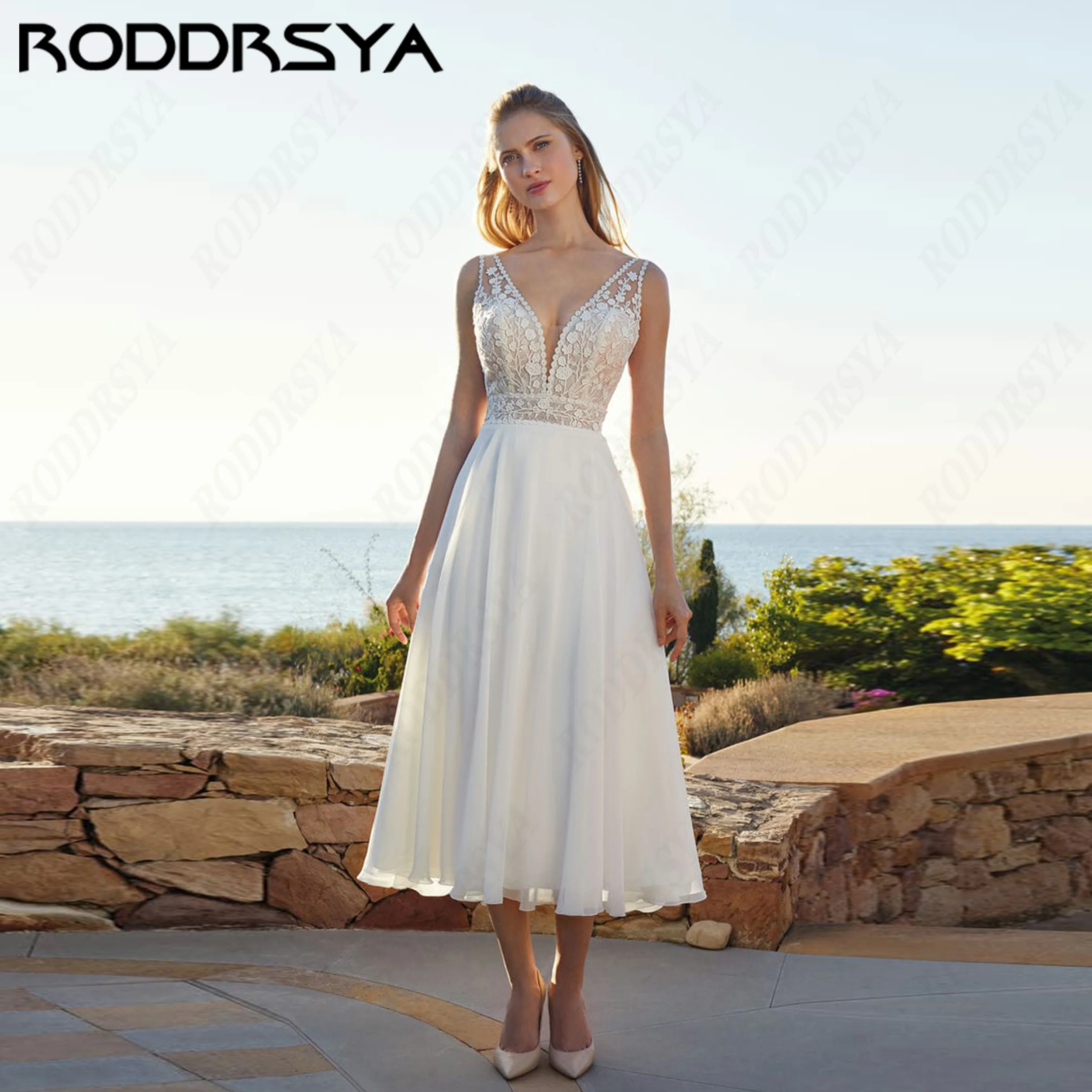 RODDRSYA V Neck Lace Appliques Illusion Bride Gown Customized A-Line Chiffon Wedding Dresses Open Back Elegant Bridal Dress