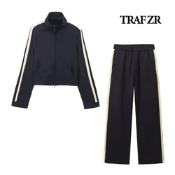 TRAF ZR 2024 Women's Co-ord Pantsuit New Matching Sets Contrast Stripes Long Sleeve High Collar Jacket Elastic Waistband Pants