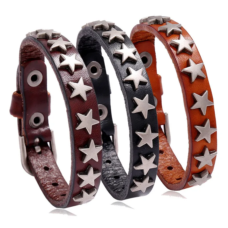 Star Punk Rock Wrap Leather Bracelet Men Vintage Spikes Rivet Gothic Wide Cuff Bracelets For Women Jewelry