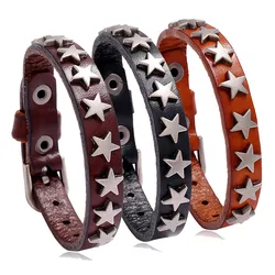 Punk Rock Wrap Leather Bracelet Men Vintage Star Spikes Rivet Gothic Wide Cuff Bracelets For Women Jewelry