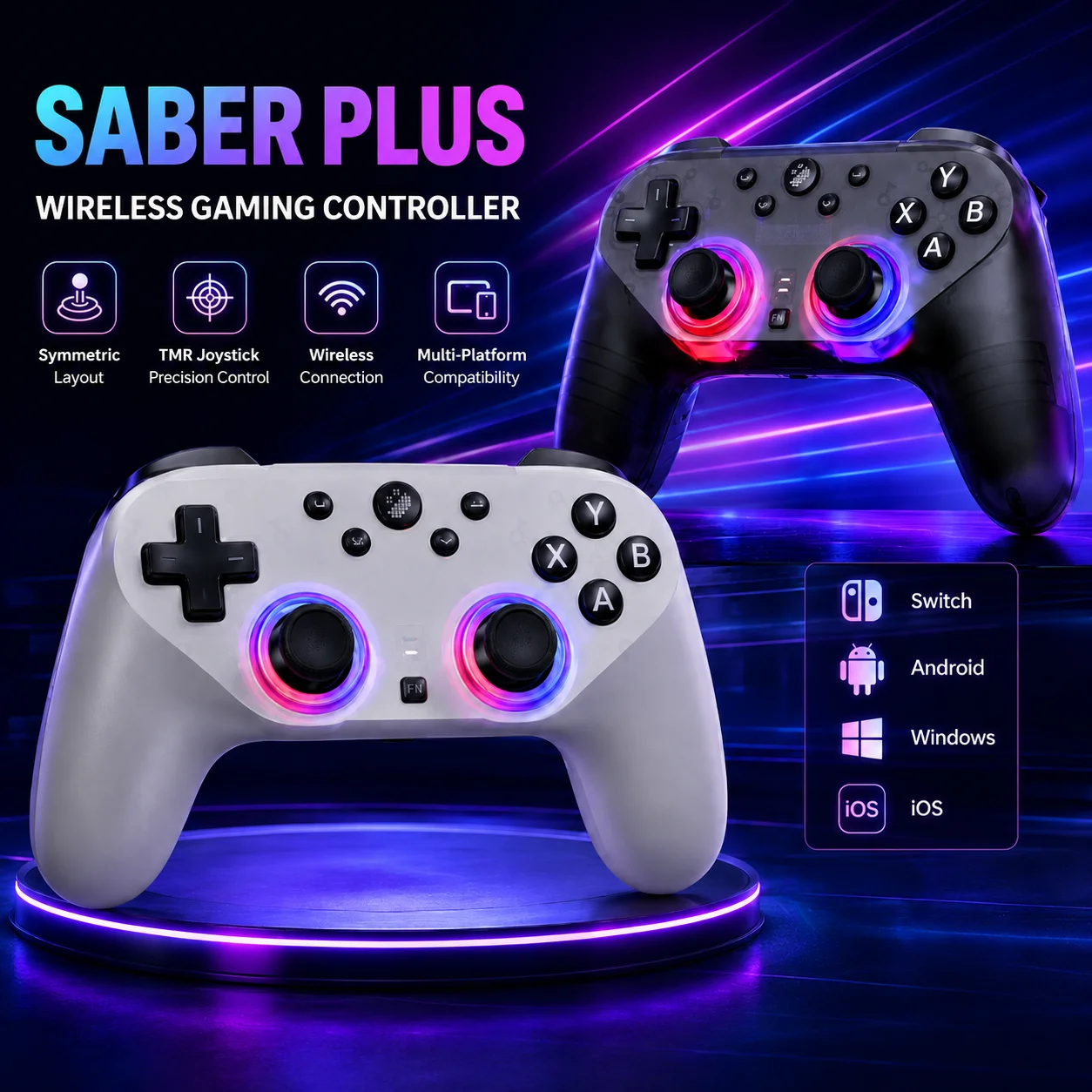 Saber Plus Leadjoy JS13 Pro Wireless Controller, Gen 2 TMR Joysticks Gaming Handle for Switch PC Steam Android iOS Phone