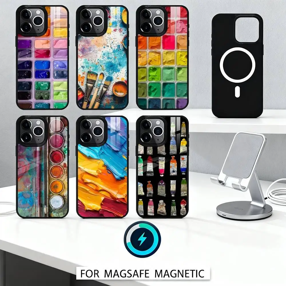 

Watercolor Palette Soft Hues Phone Case For iPhone 16,15,14,13,12,Pro,Max,Magnetic For Magsafe Wireless Charging