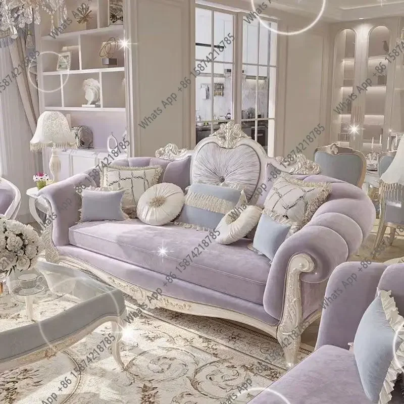 

N49 French Light Luxury Court Solid Wood Carving Flower Fabric Sofa Living Room Large Apartment High-end Villa Luxury Three-pers
