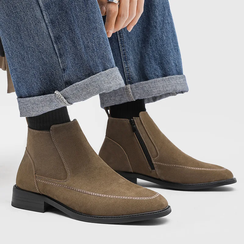 

New Shoes for Men Genuine Suede Leather Casual Shoes British Style Pointed Toe Chelsea Boots Plush Inside Ankle Boots