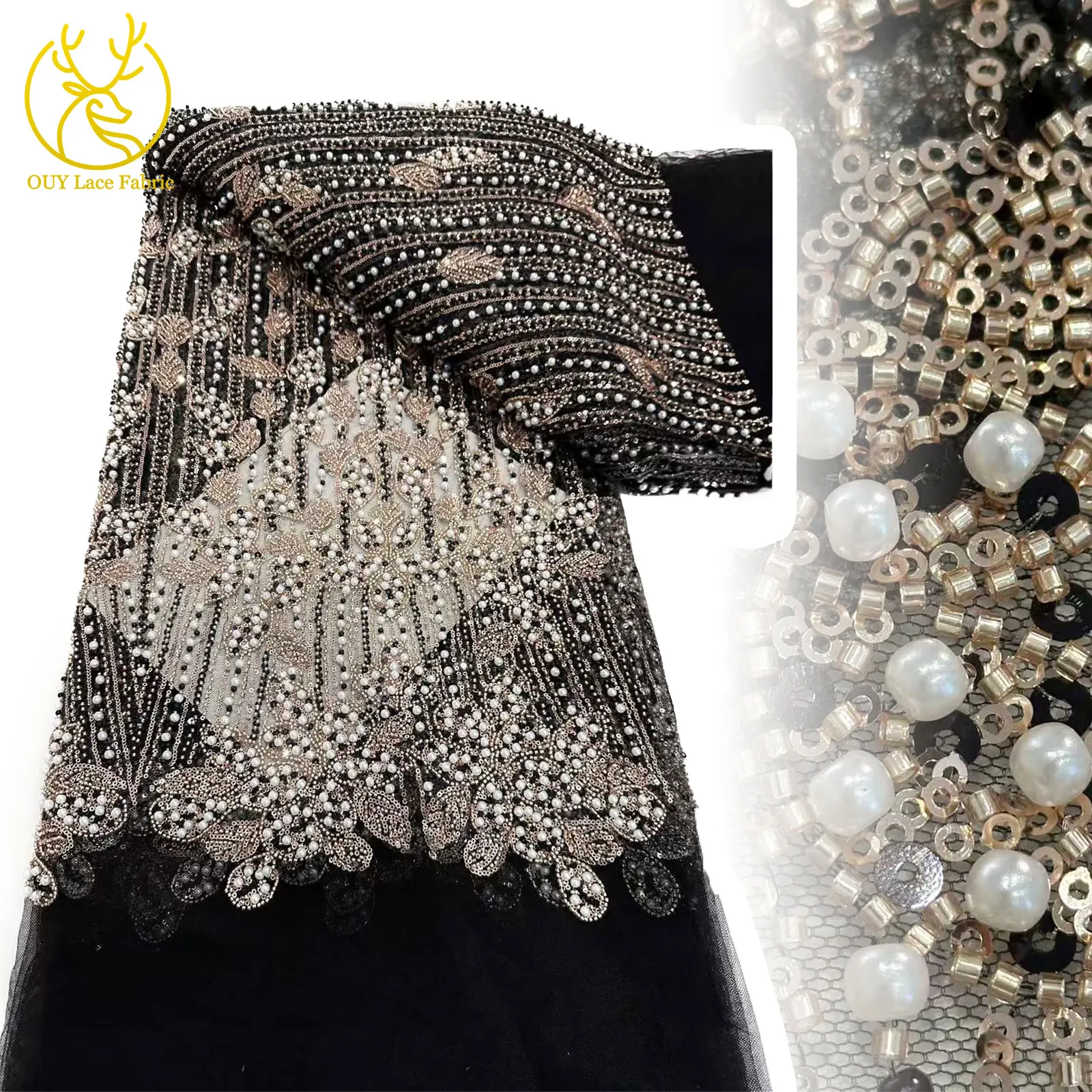 

2025 European Luxury Fashion Design Beaded Lace Fabric 2025 African Sequins Embroidery Mesh Lace For Women's Wedding Dresses