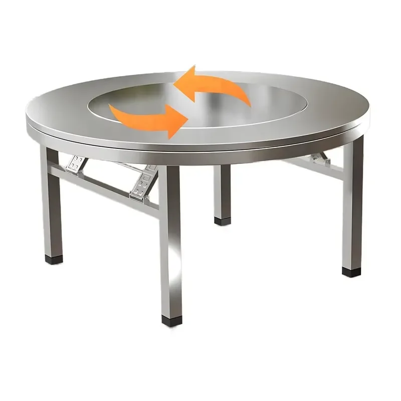 Foldable Stainless Steel Round Dining Table with Built-in Rotating Turntable Tray for Family Restaurant Hotel Wedding Banquet