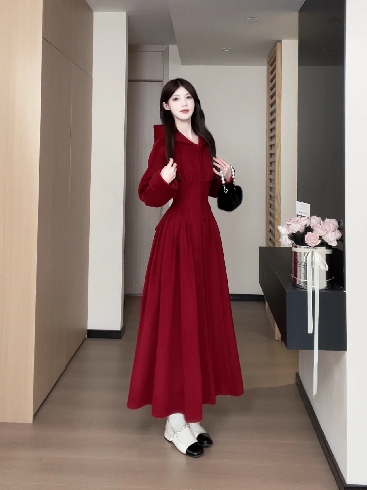 

Red Long Sve A-Line Dr Women's Ele Commute Sle Dr Skirt Soft Breathable Micro Elastic High Waist V-Ne Dr