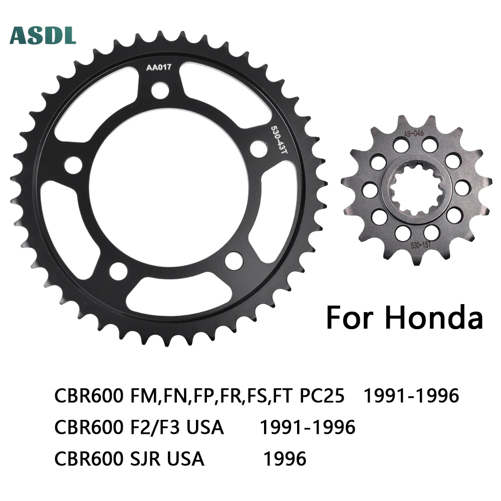 

530 43T 15T Motorcycle Front Rear Sprocket Cam Wheel for Honda CBR600 SJR USA 1996 CBR 600 F2/F3 USA FM,FN,FP,FR PC25 1991-1996