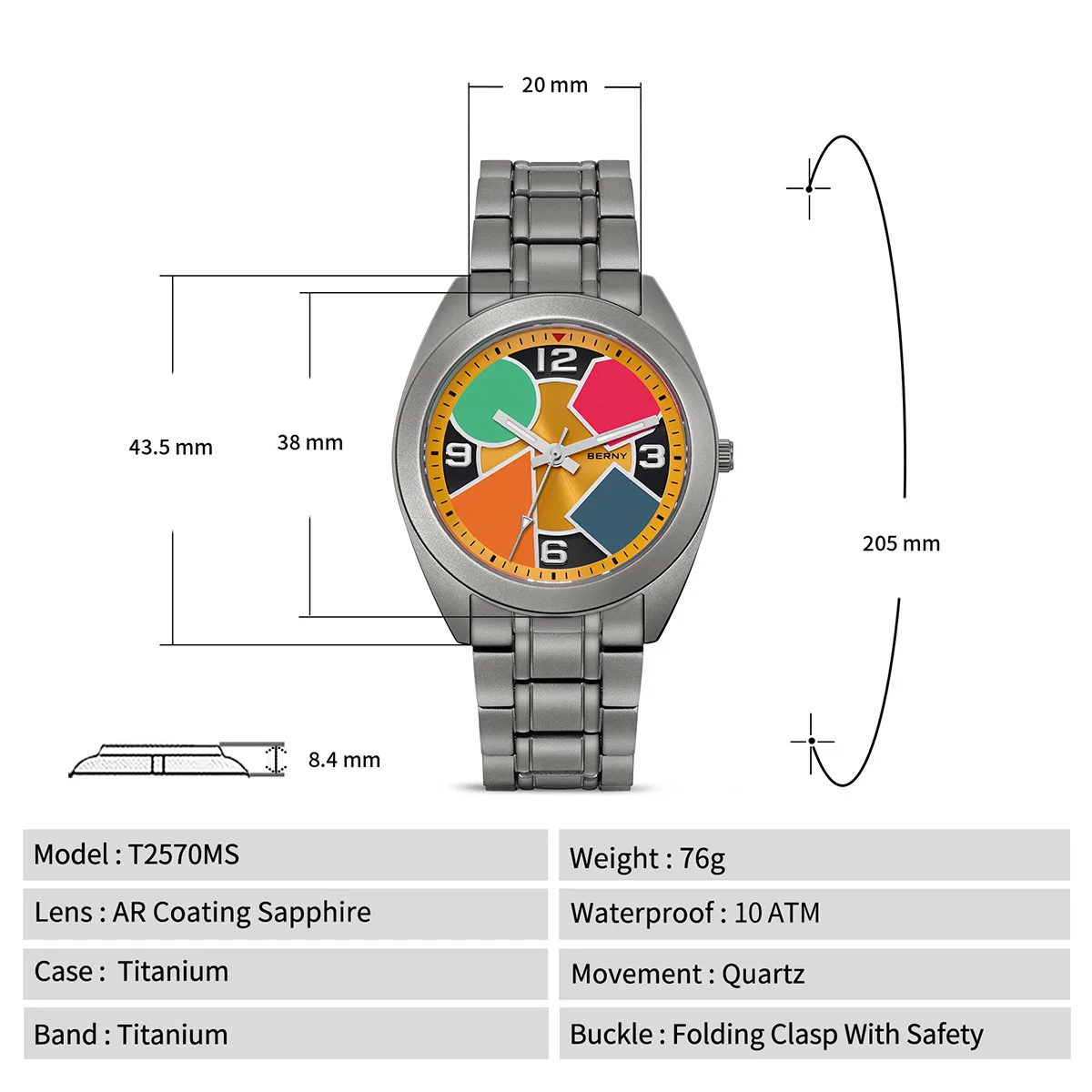 BERNY Orologio da uomo in titanio con rivestimento AR, zaffiro, quadrante geometrico a contrasto, orologio da uomo in titanio con tela luminosa multicolore