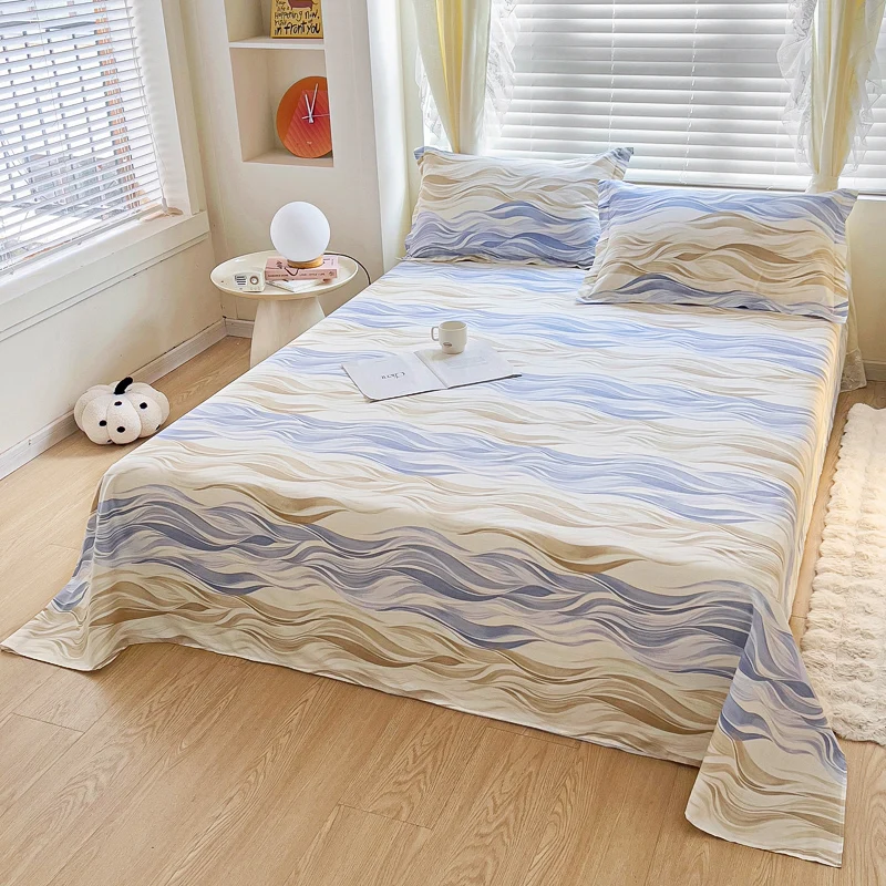 100% Cotton Simple Wave Stripe Design Bed Sheet Set Comfortable Skin-friendly Bedding Set Blue and Khaki Bed Sheet Machine Wash