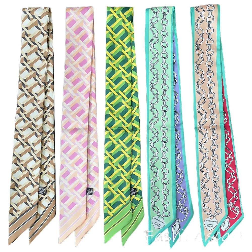 

5PC Geometric Striped Chain Twill Silk Decorative Streamer Wrapping Bag Ribbon Small Scarf Wholesale Silk Scarf for Women