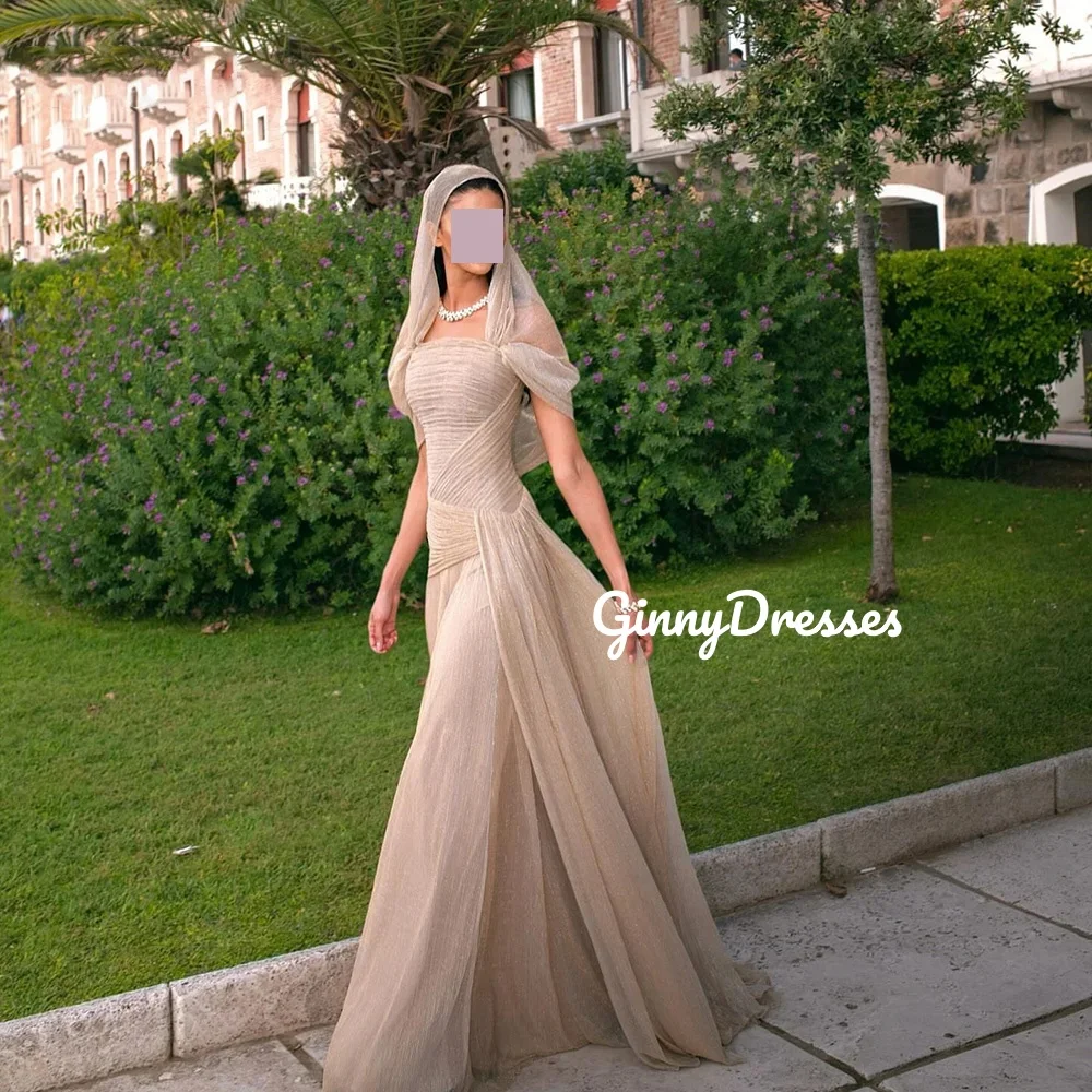 

Customize Prom Dresses Off-The-Shoulder Floor-Length Luxury Evening Dresses Ruffle Zipper Up Short Sleeves A-Line Formal Occasio