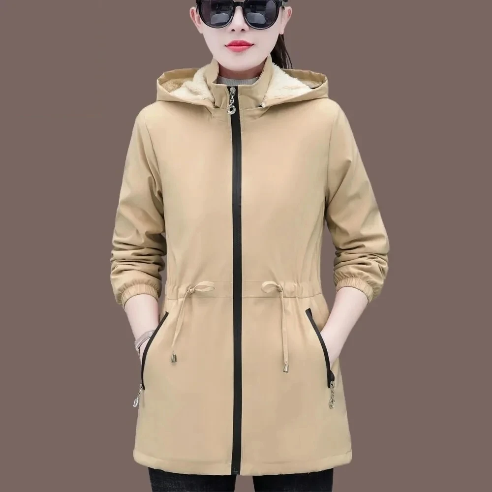 Autumn Winter Jacket Women Windbreaker 2024 Velvet Warm Mid Long Hooded Trench Coat Korean Female Tops High-Quality Outwear 5XL